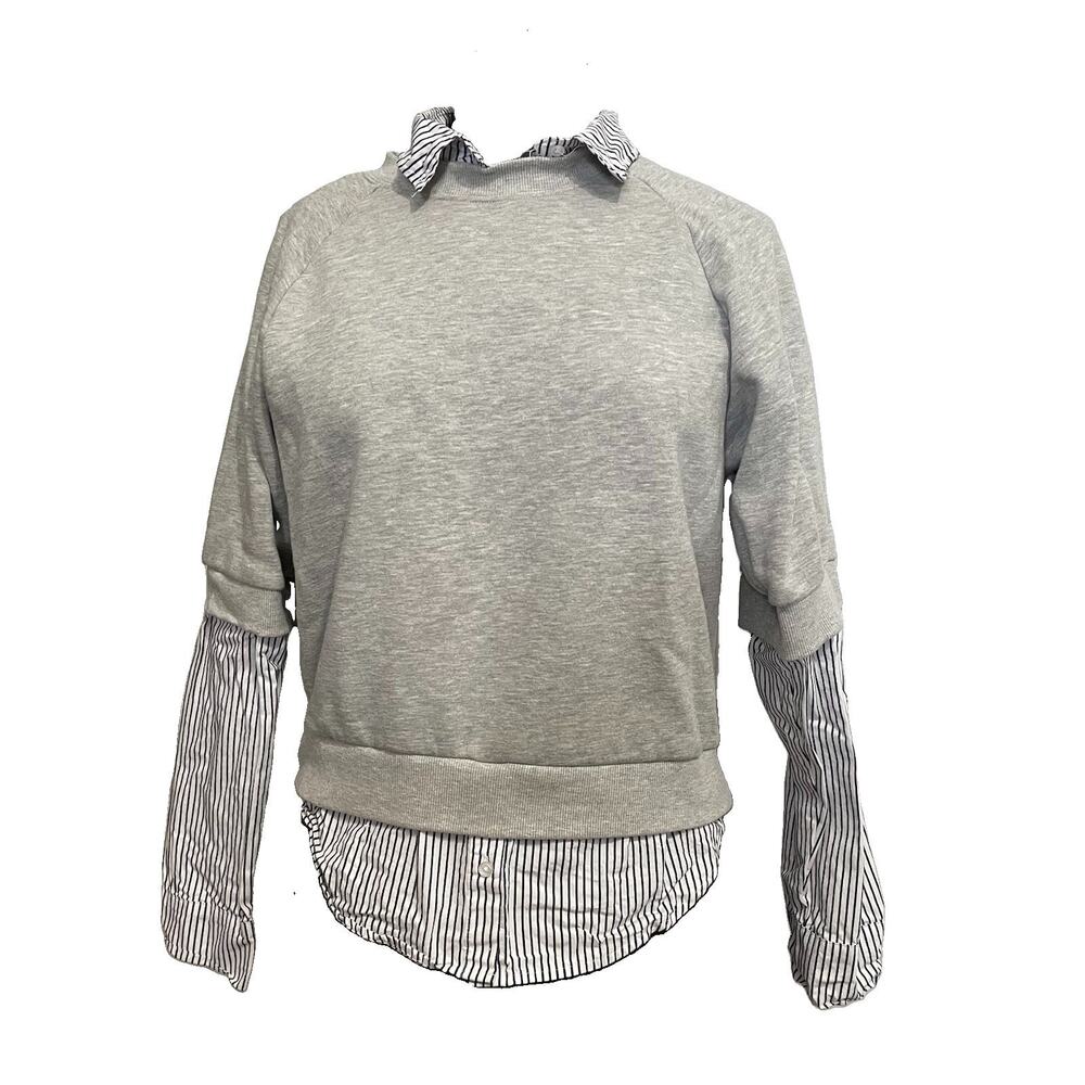 Evereve Twofer Sweatshirt Size Medium Women Gray Striped Collar Long Sleeves